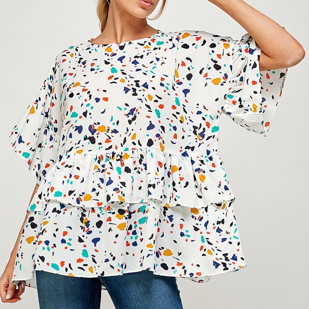 NWOT Caramela Tiered Short Sleeve Dot Top Size L